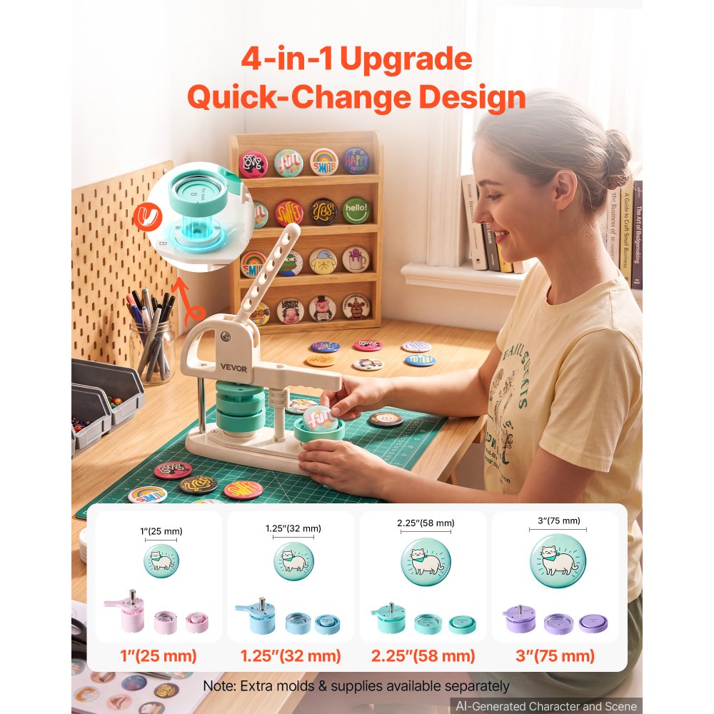 VEVOR Button Maker Machine, 1"/1.25"/2.25"/3"(25/32/58/75 mm), Quick-Change Plastic Pin Maker with 400pcs Button Parts, Circle Cutter and Magic Book, Reinforced Handle, for DIY Badges, Pins