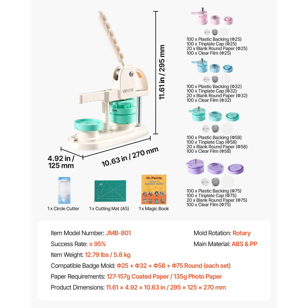 VEVOR Button Maker Machine, 1"/1.25"/2.25"/3"(25/32/58/75 mm), Quick-Change Plastic Pin Maker with 400pcs Button Parts, Circle Cutter and Magic Book, Reinforced Handle, for DIY Badges, Pins