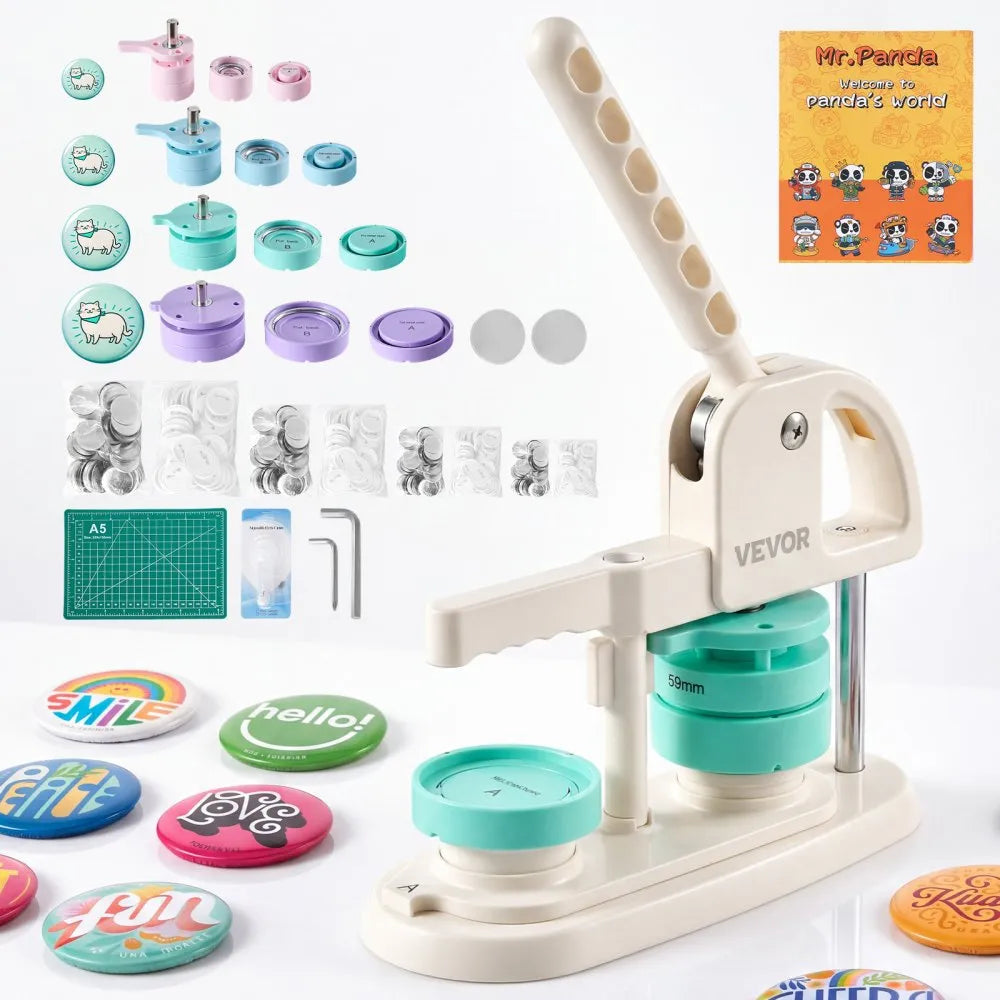VEVOR Button Maker Machine, 1"/1.25"/2.25"/3"(25/32/58/75 mm), Quick-Change Plastic Pin Maker with 400pcs Button Parts, Circle Cutter and Magic Book, Reinforced Handle, for DIY Badges, Pins