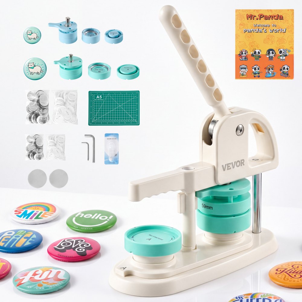 VEVOR Button Maker Machine, 1.25"/2.25"(32/58 mm), Quick-Change Plastic Pin Maker with 200pcs Button Parts, Circle Cutter and Magic Book, Reinforced Handle, for DIY Badges, Pins, Key Chains