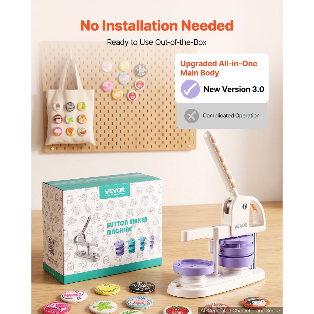 VEVOR Button Maker Machine, 1.25"/2.25"/3"(32/58/75 mm), Quick-Change Plastic Pin Maker with 300pcs Button Parts, Circle Cutter and Magic Book, Reinforced Handle, for DIY Badges, Pins, Key Chains