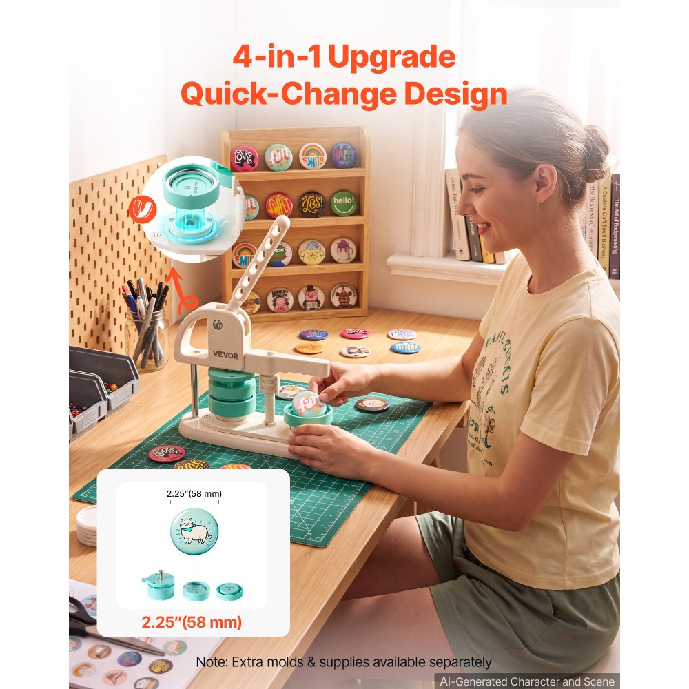VEVOR Button Maker Machine, 2.25" / 58 mm, Quick-Change Plastic Pin Maker with 100pcs Button Parts, 5pcs Fridge decoration, 5pcs Bottle Opener, and Magic Book, for DIY Badges, Pins, Key Chains