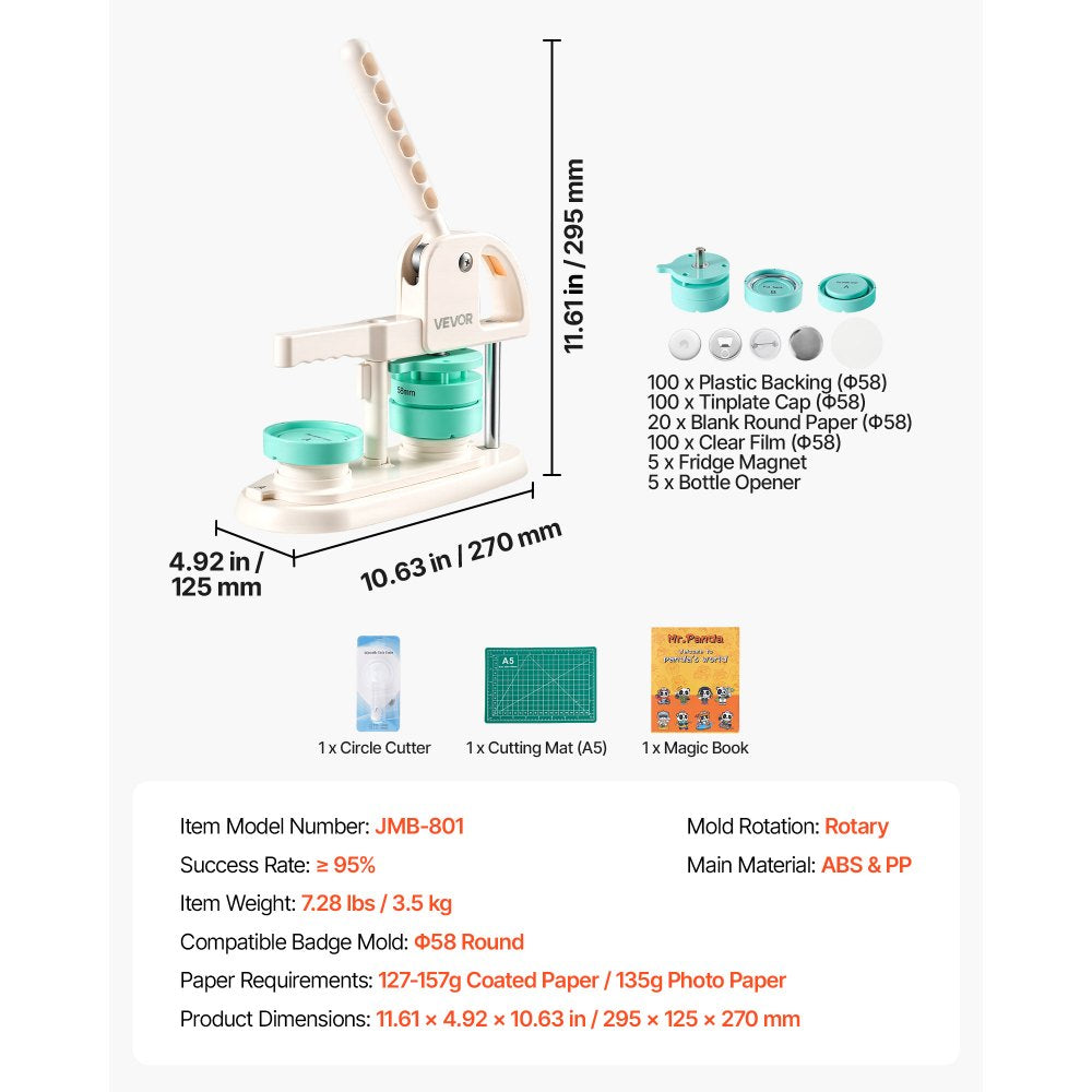 VEVOR Button Maker Machine, 2.25" / 58 mm, Quick-Change Plastic Pin Maker with 100pcs Button Parts, 5pcs Fridge decoration, 5pcs Bottle Opener, and Magic Book, for DIY Badges, Pins, Key Chains