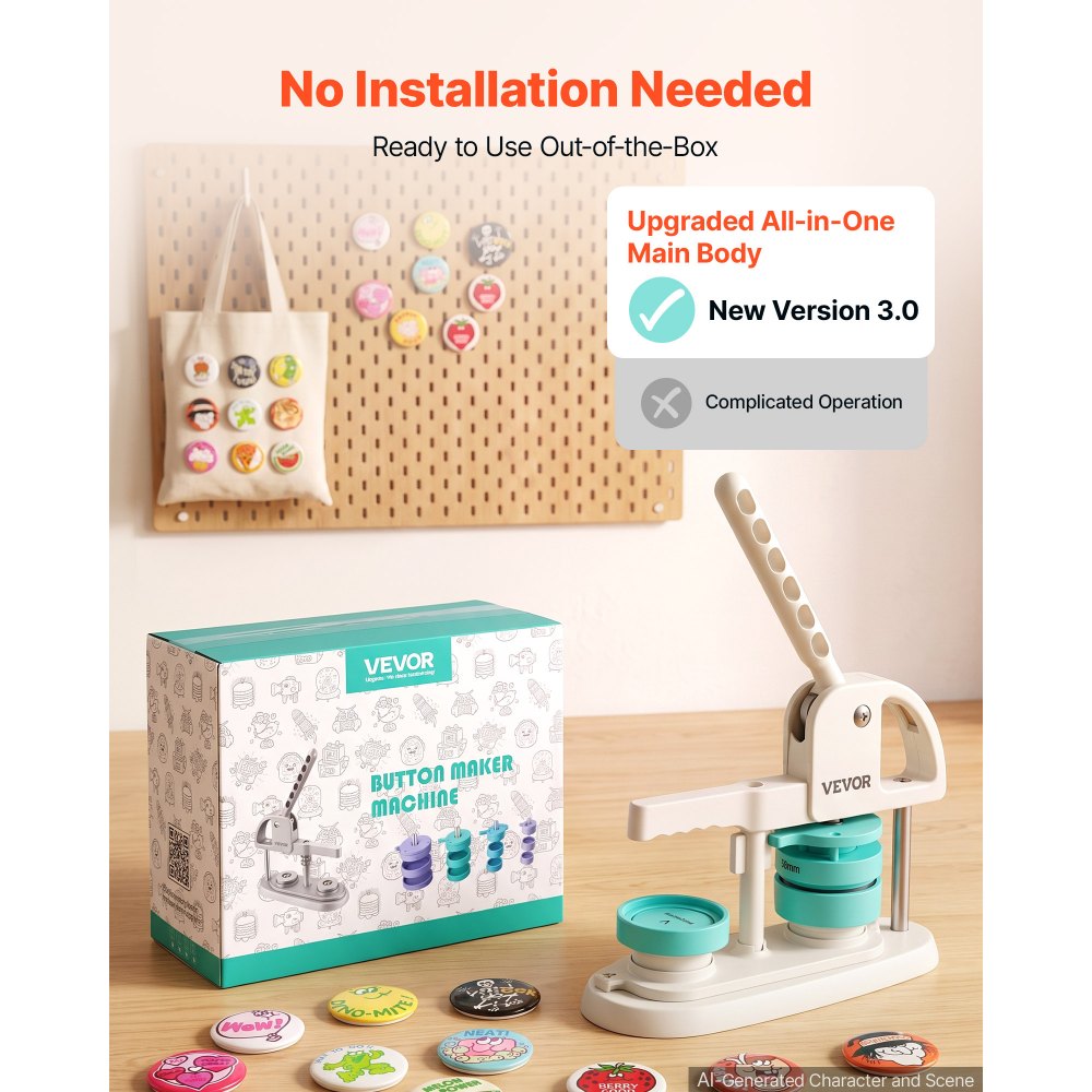 VEVOR Button Maker Machine, 2.25" / 58 mm, Quick-Change Plastic Pin Maker with 100pcs Button Parts, Circle Cutter and Magic Book, Reinforced Ergonomic Handle, for DIY Badges, Pins, Key Chains