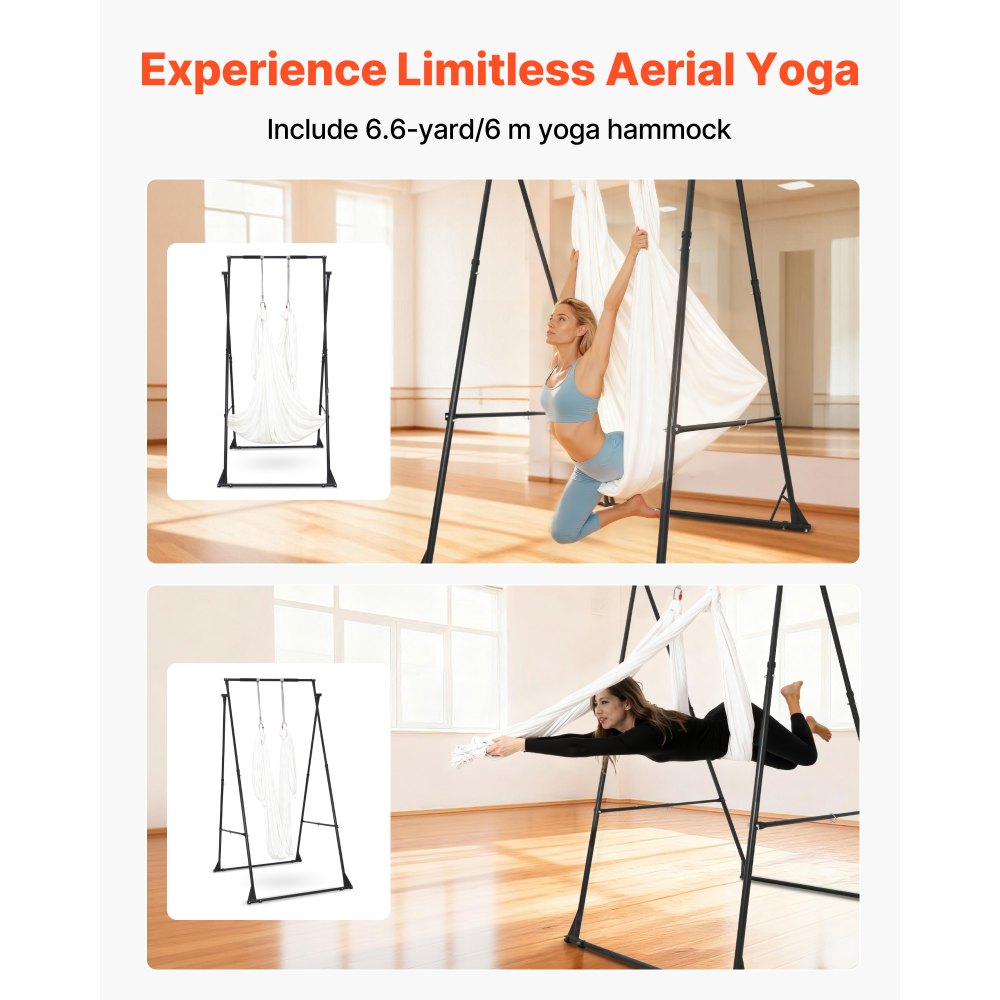 VEVOR Yoga Stand Frame, Max 440.9 lbs Load Swing Stand, Triangular Structure Aerial Rig, Aerial Silk Stands with EVA Foam & 6.6-yard Yoga Hammock, 4-Level Horizontal & 6-Level Vertical Adjustment