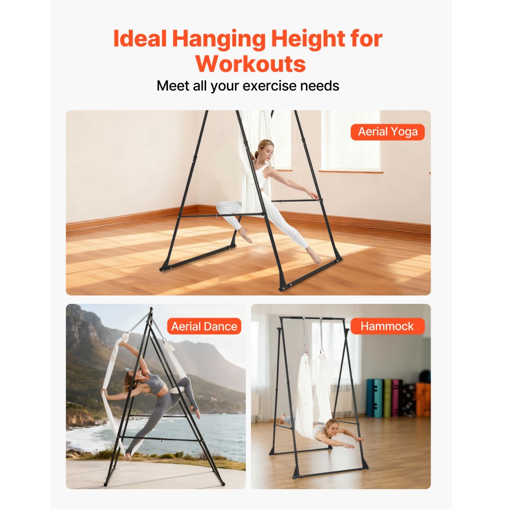 VEVOR Yoga Stand Frame, Max 440.9 lbs Load Swing Stand, Triangular Structure Aerial Rig, Aerial Silk Stands with EVA Foam & 6.6-yard Yoga Hammock, 4-Level Horizontal & 6-Level Vertical Adjustment