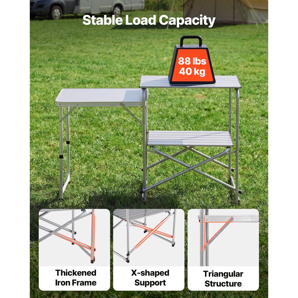 VEVOR Camping Kitchen Table, Slim-Fold Cook Station, Portable Folding Table, with Side Table, Heat Resistant Tabletop, and Carrying Bag, Ideal for Outdoor Picnics, BBQs, Camping, RV Traveling