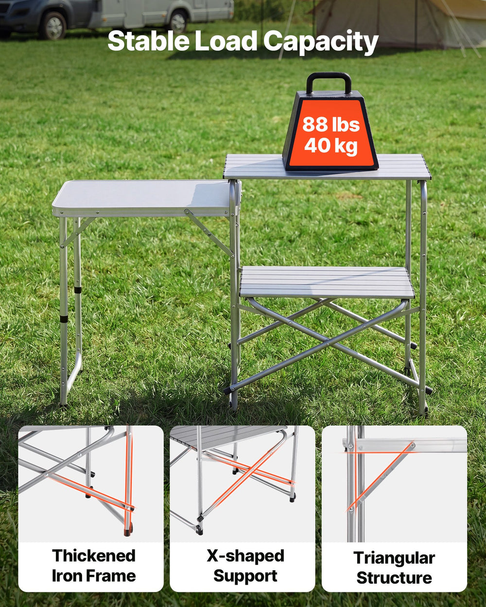 VEVOR Camping Kitchen Table, Slim-Fold Cook Station, Portable Folding Table, with Side Table, Heat Resistant Tabletop, and Carrying Bag, Ideal for Outdoor Picnics, BBQs, Camping, RV Traveling