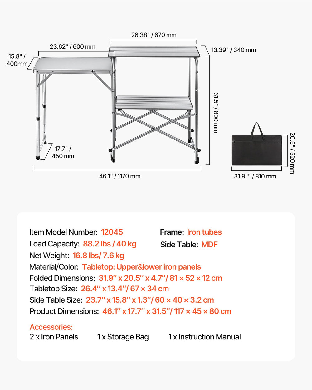 VEVOR Camping Kitchen Table, Slim-Fold Cook Station, Portable Folding Table, with Side Table, Heat Resistant Tabletop, and Carrying Bag, Ideal for Outdoor Picnics, BBQs, Camping, RV Traveling