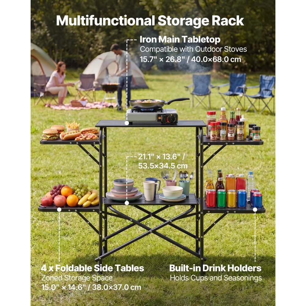 VEVOR Camping Kitchen Table, Slim-Fold Cook Station, Portable Folding Table, with 4 Side Tables, Heat Resistant Tabletop, and Carrying Bag, Ideal for Outdoor Picnics, BBQs, Camping, RV Traveling