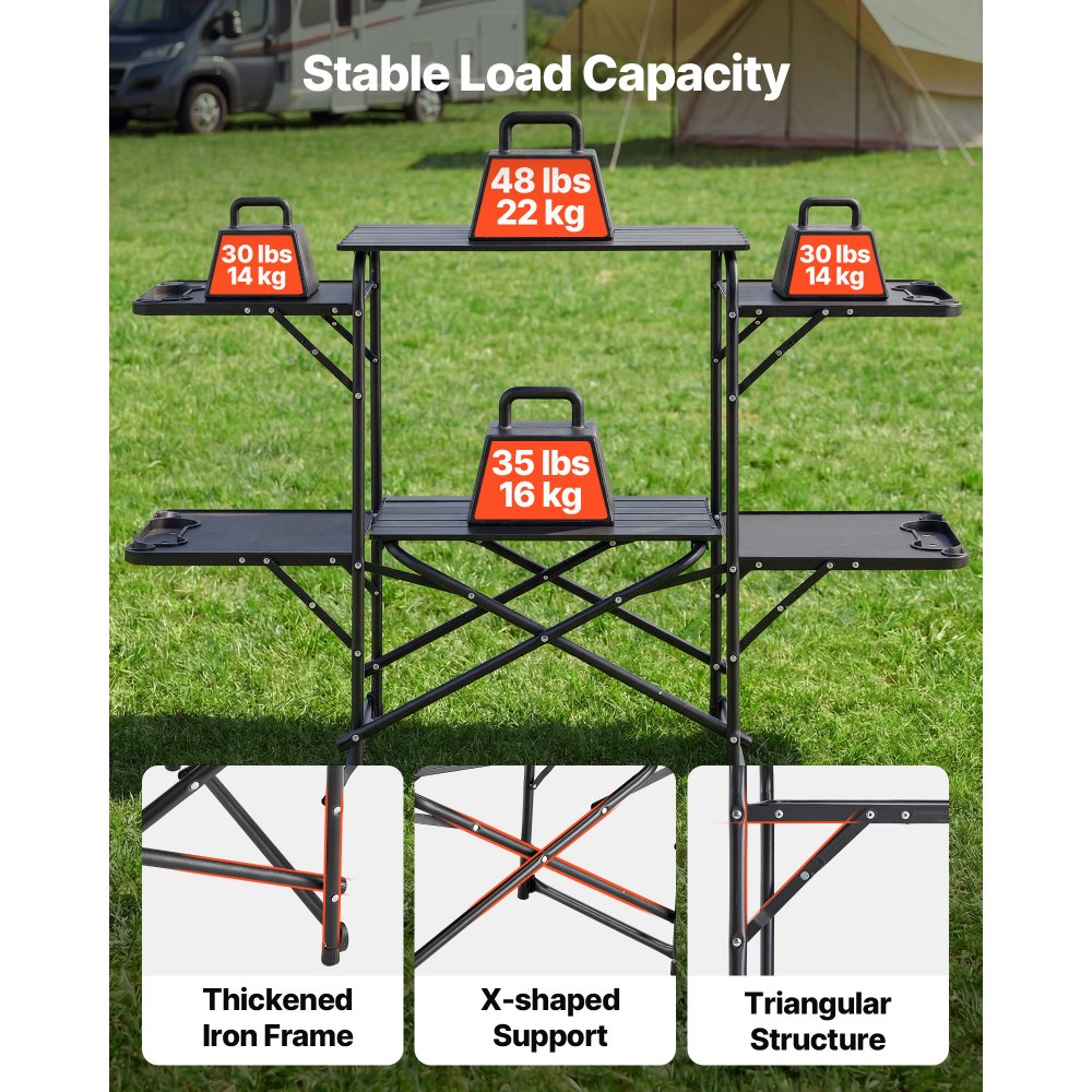 VEVOR Camping Kitchen Table, Slim-Fold Cook Station, Portable Folding Table, with 4 Side Tables, Heat Resistant Tabletop, and Carrying Bag, Ideal for Outdoor Picnics, BBQs, Camping, RV Traveling