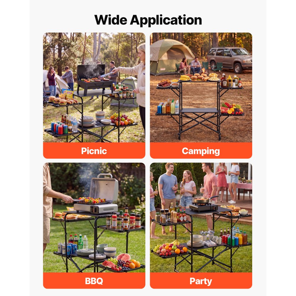 VEVOR Camping Kitchen Table, Slim-Fold Cook Station, Portable Folding Table, with 4 Side Tables, Heat Resistant Tabletop, and Carrying Bag, Ideal for Outdoor Picnics, BBQs, Camping, RV Traveling