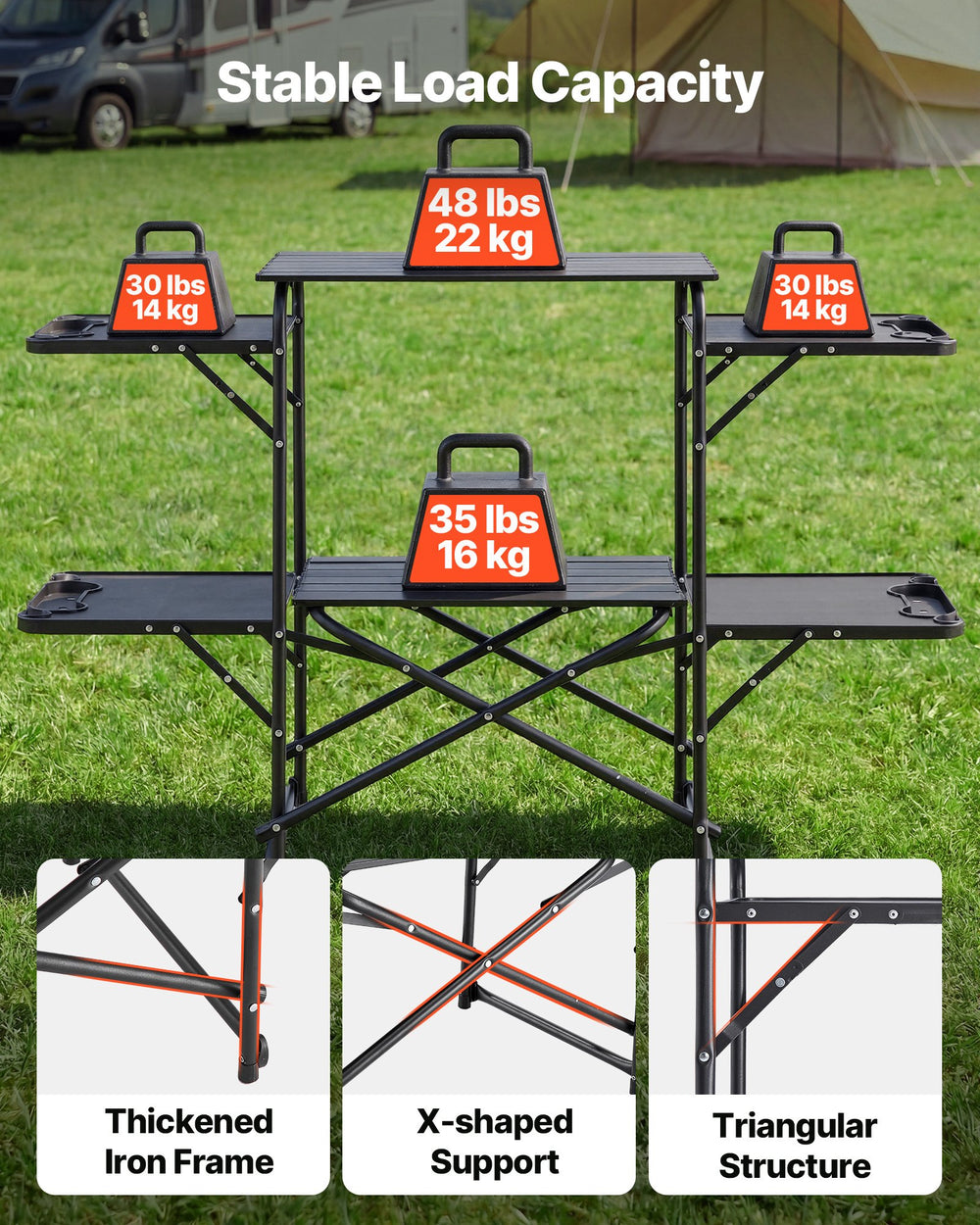 VEVOR Camping Kitchen Table, Slim-Fold Cook Station, Portable Folding Table, with 4 Side Tables, Heat Resistant Tabletop, and Carrying Bag, Ideal for Outdoor Picnics, BBQs, Camping, RV Traveling