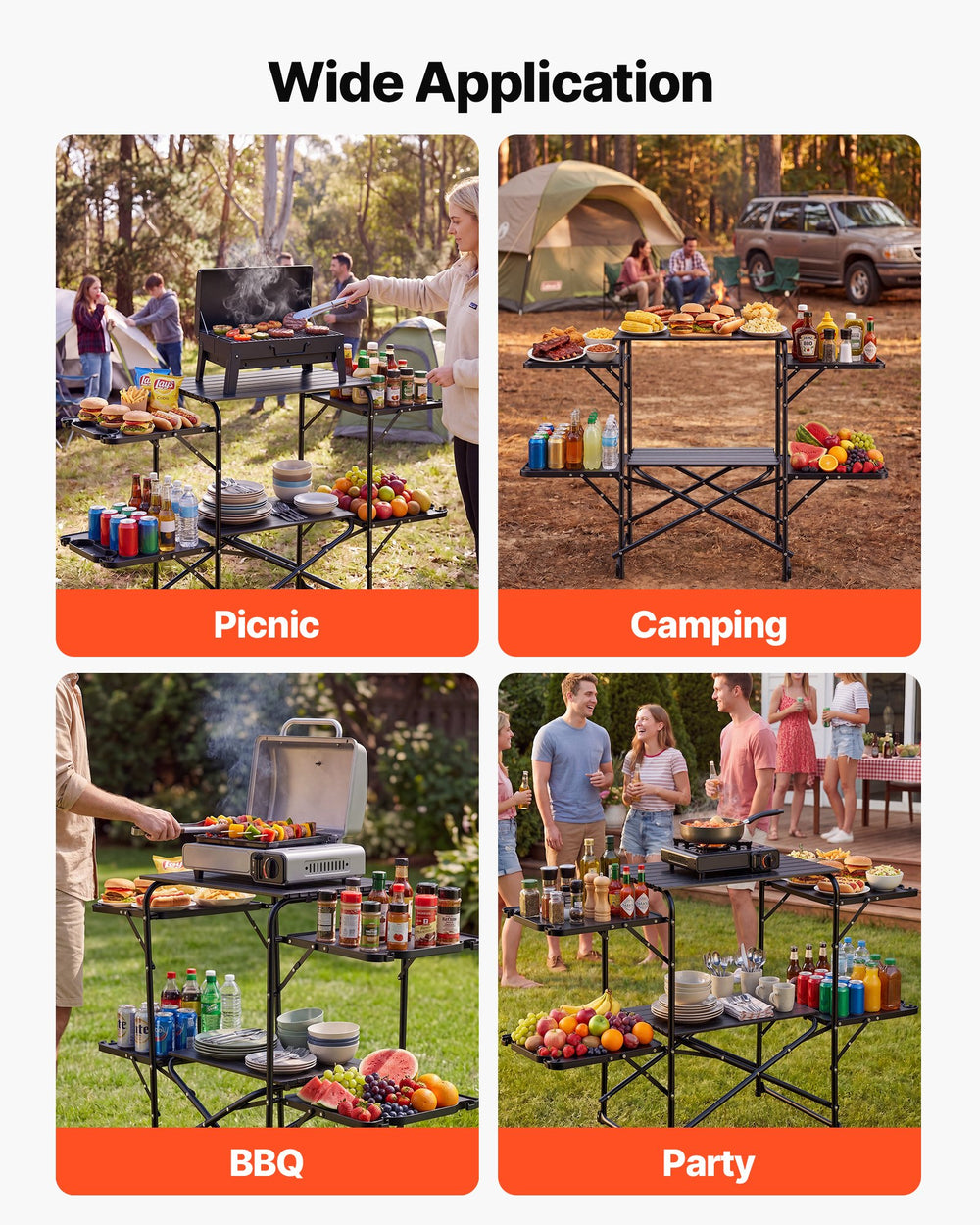 VEVOR Camping Kitchen Table, Slim-Fold Cook Station, Portable Folding Table, with 4 Side Tables, Heat Resistant Tabletop, and Carrying Bag, Ideal for Outdoor Picnics, BBQs, Camping, RV Traveling