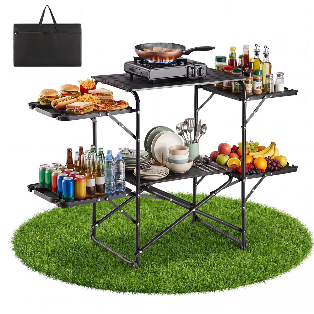VEVOR Camping Kitchen Table, Slim-Fold Cook Station, Portable Folding Table, with 4 Side Tables, Heat Resistant Tabletop, and Carrying Bag, Ideal for Outdoor Picnics, BBQs, Camping, RV Traveling