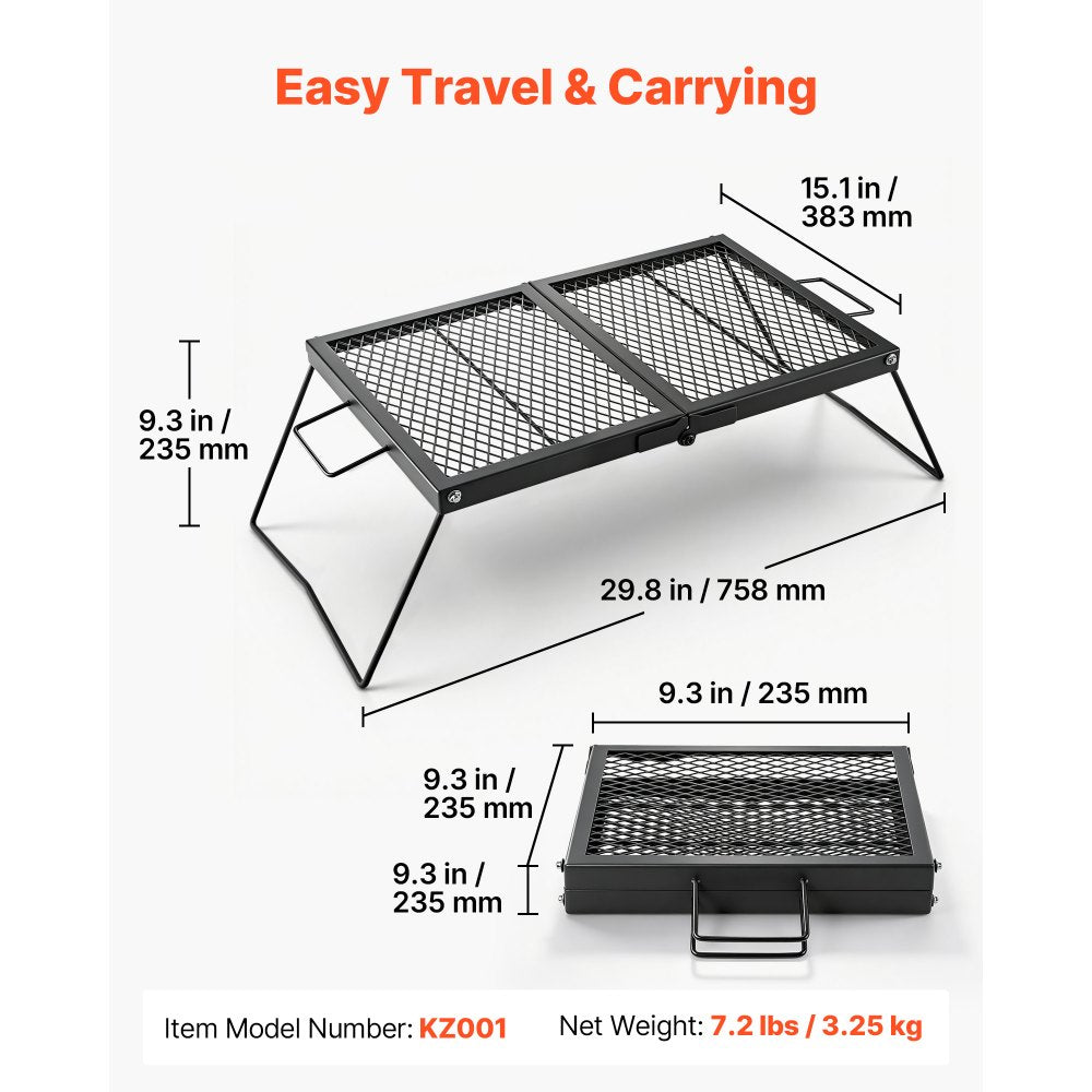 VEVOR Heavy Duty Folding Campfire Grill, 24" Portable Camping Grill Grate, Sturdy Steel Mesh, Compact Equipment Over Fire Pit, with Legs and Handle, Grilling Rack for Outdoor Open Flame Cooking, Black