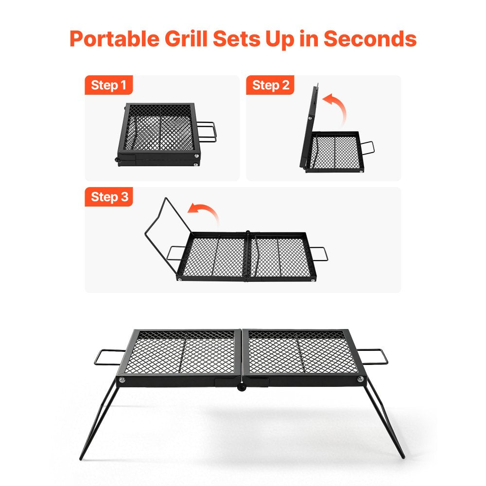 VEVOR Heavy Duty Folding Campfire Grill, 24" Portable Camping Grill Grate, Sturdy Steel Mesh, Compact Equipment Over Fire Pit, with Legs and Handle, Grilling Rack for Outdoor Open Flame Cooking, Black