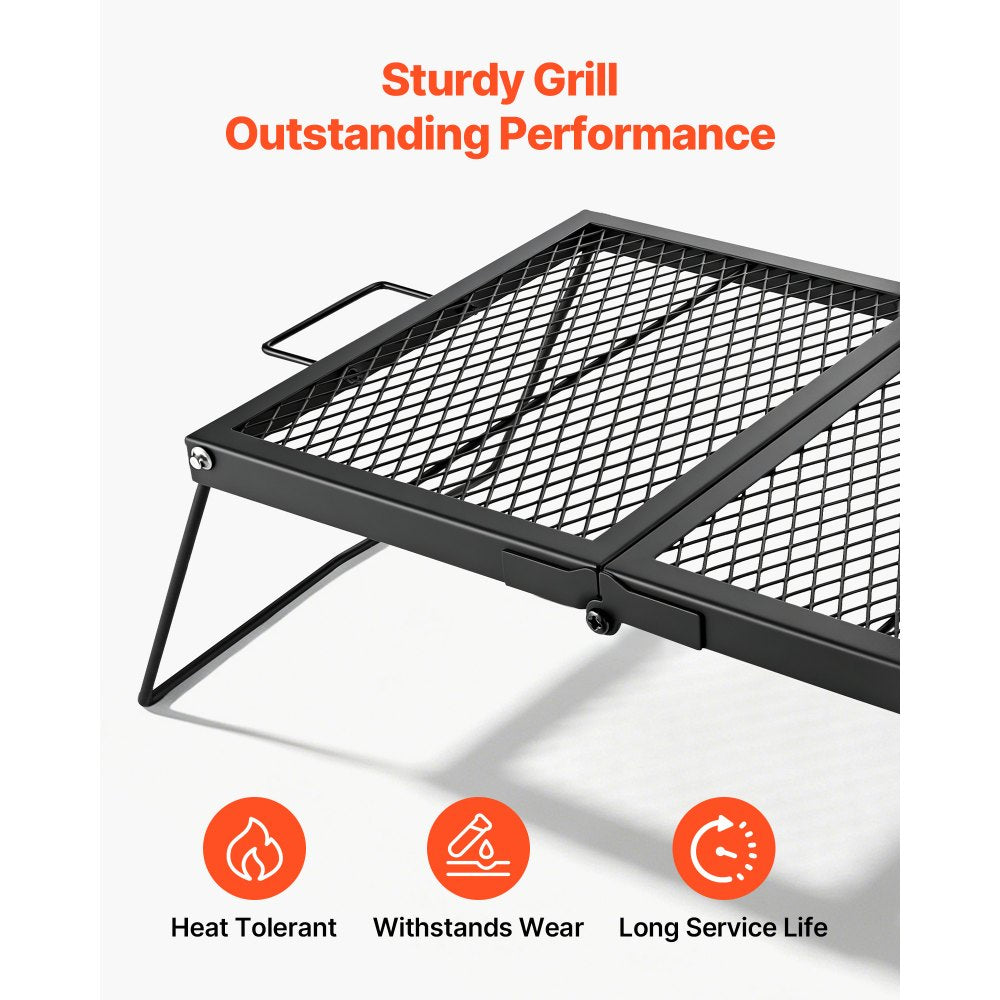 VEVOR Heavy Duty Folding Campfire Grill, 24" Portable Camping Grill Grate, Sturdy Steel Mesh, Compact Equipment Over Fire Pit, with Legs and Handle, Grilling Rack for Outdoor Open Flame Cooking, Black
