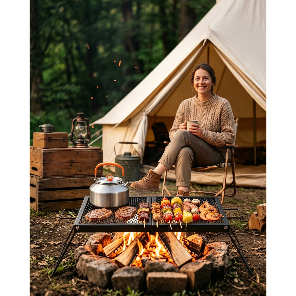 VEVOR Heavy Duty Folding Campfire Grill, 24" Portable Camping Grill Grate, Sturdy Steel Mesh, Compact Equipment Over Fire Pit, with Legs and Handle, Grilling Rack for Outdoor Open Flame Cooking, Black
