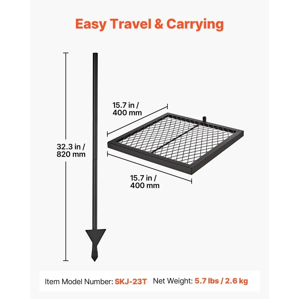 VEVOR Heavy Duty Swivel Campfire Grill, 16" Portable Camping Grill Grate, Sturdy Steel BBQ Mesh, 360° Height Adjustable Over Fire Pit Equipment with Carrying Bag, for Outdoor Open Flame Cooking, Black