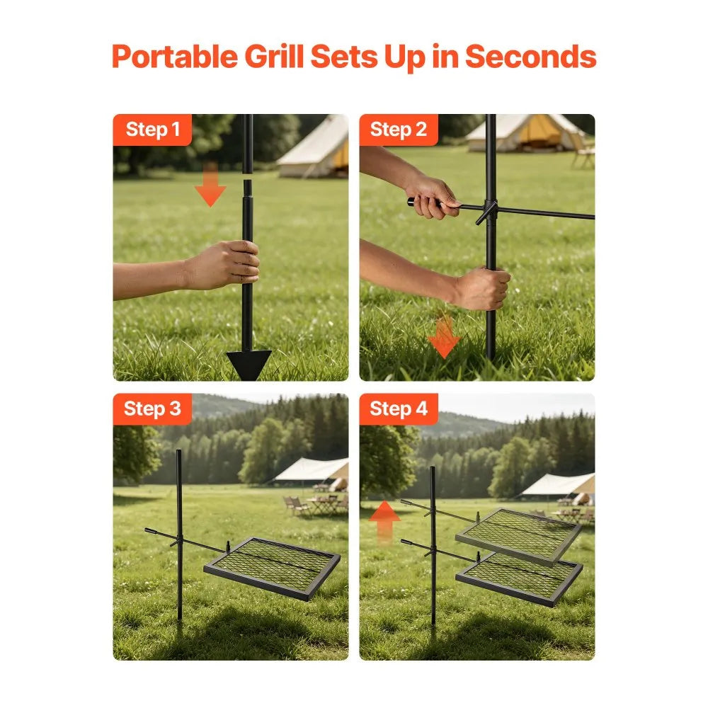 VEVOR Heavy Duty Swivel Campfire Grill, 16" Portable Camping Grill Grate, Sturdy Steel BBQ Mesh, 360° Height Adjustable Over Fire Pit Equipment with Carrying Bag, for Outdoor Open Flame Cooking, Black
