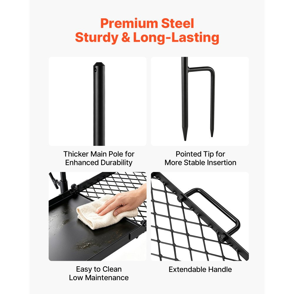 VEVOR Heavy Duty Swivel Campfire Grill, 24" Portable Camping Grill Grate & Griddle, Sturdy Steel BBQ Mesh, 360° Height Adjustable Over Fire Pit Equipment, for Outdoor Open Flame Cooking, Black