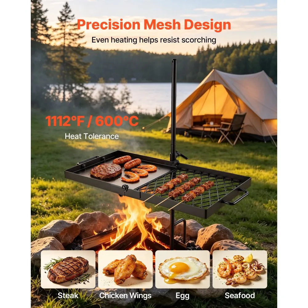VEVOR Heavy Duty Swivel Campfire Grill, 24" Portable Camping Grill Grate & Griddle, Sturdy Steel BBQ Mesh, 360° Height Adjustable Over Fire Pit Equipment, for Outdoor Open Flame Cooking, Black