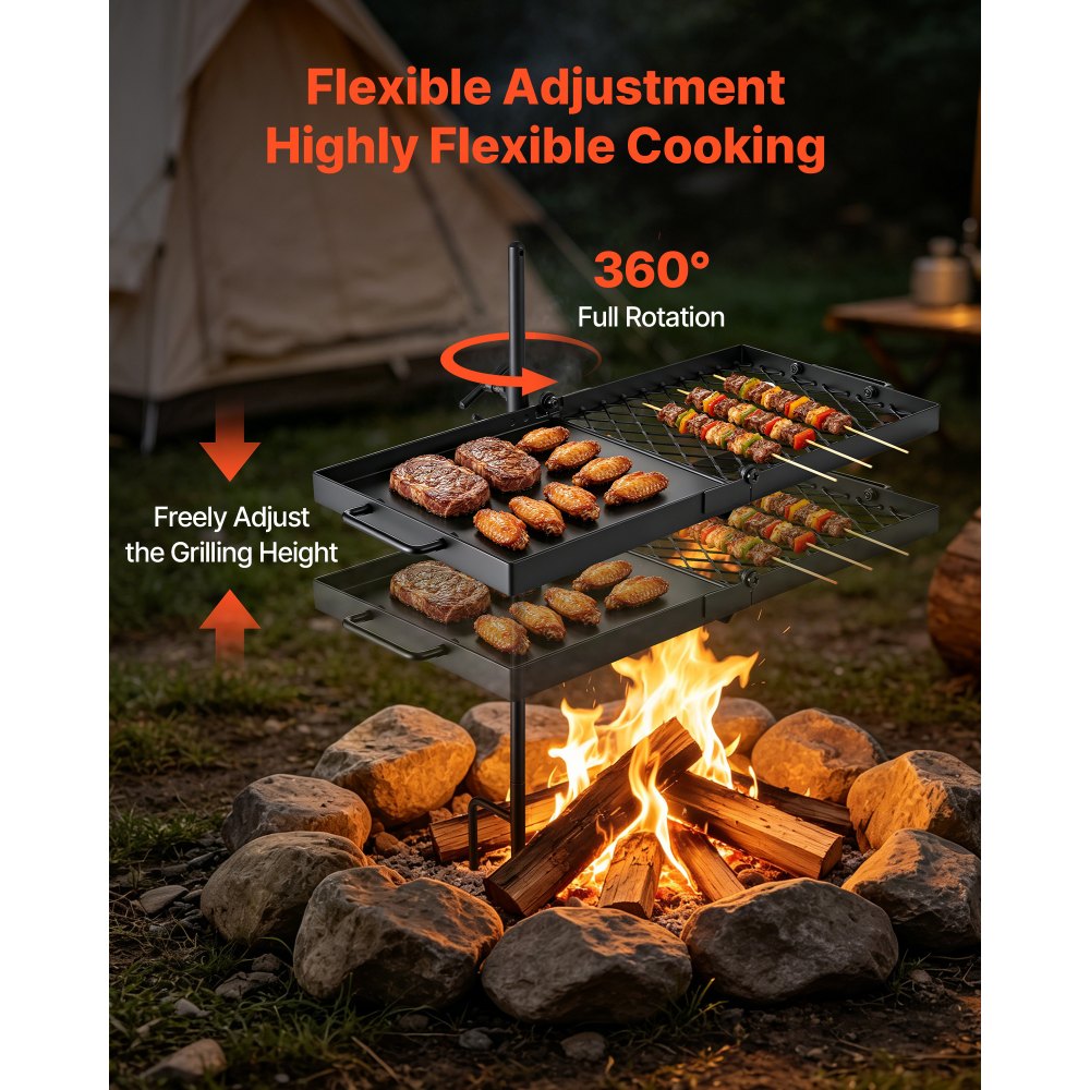 VEVOR Heavy Duty Swivel Campfire Grill, 24" Portable Camping Grill Grate & Griddle, Sturdy Steel BBQ Mesh, 360° Height Adjustable Over Fire Pit Equipment, for Outdoor Open Flame Cooking, Black