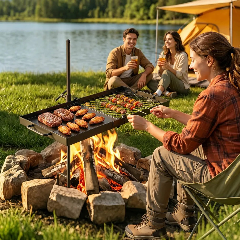 VEVOR Heavy Duty Swivel Campfire Grill, 24" Portable Camping Grill Grate & Griddle, Sturdy Steel BBQ Mesh, 360° Height Adjustable Over Fire Pit Equipment, for Outdoor Open Flame Cooking, Black