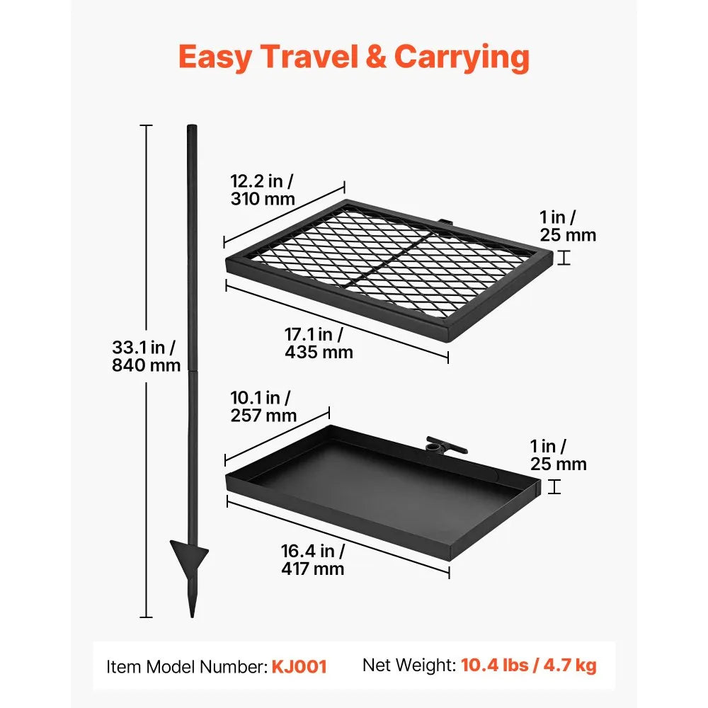 VEVOR Heavy Duty Swivel Campfire Grill, Double Layer Portable Camping Grill Grate & Griddle, Sturdy Steel BBQ Mesh, 360° Height Adjustable Over Fire Pit, for Outdoor Open Flame Cooking, Black