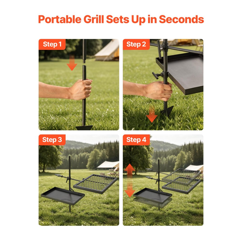 VEVOR Heavy Duty Swivel Campfire Grill, Double Layer Portable Camping Grill Grate & Griddle, Sturdy Steel BBQ Mesh, 360° Height Adjustable Over Fire Pit, for Outdoor Open Flame Cooking, Black