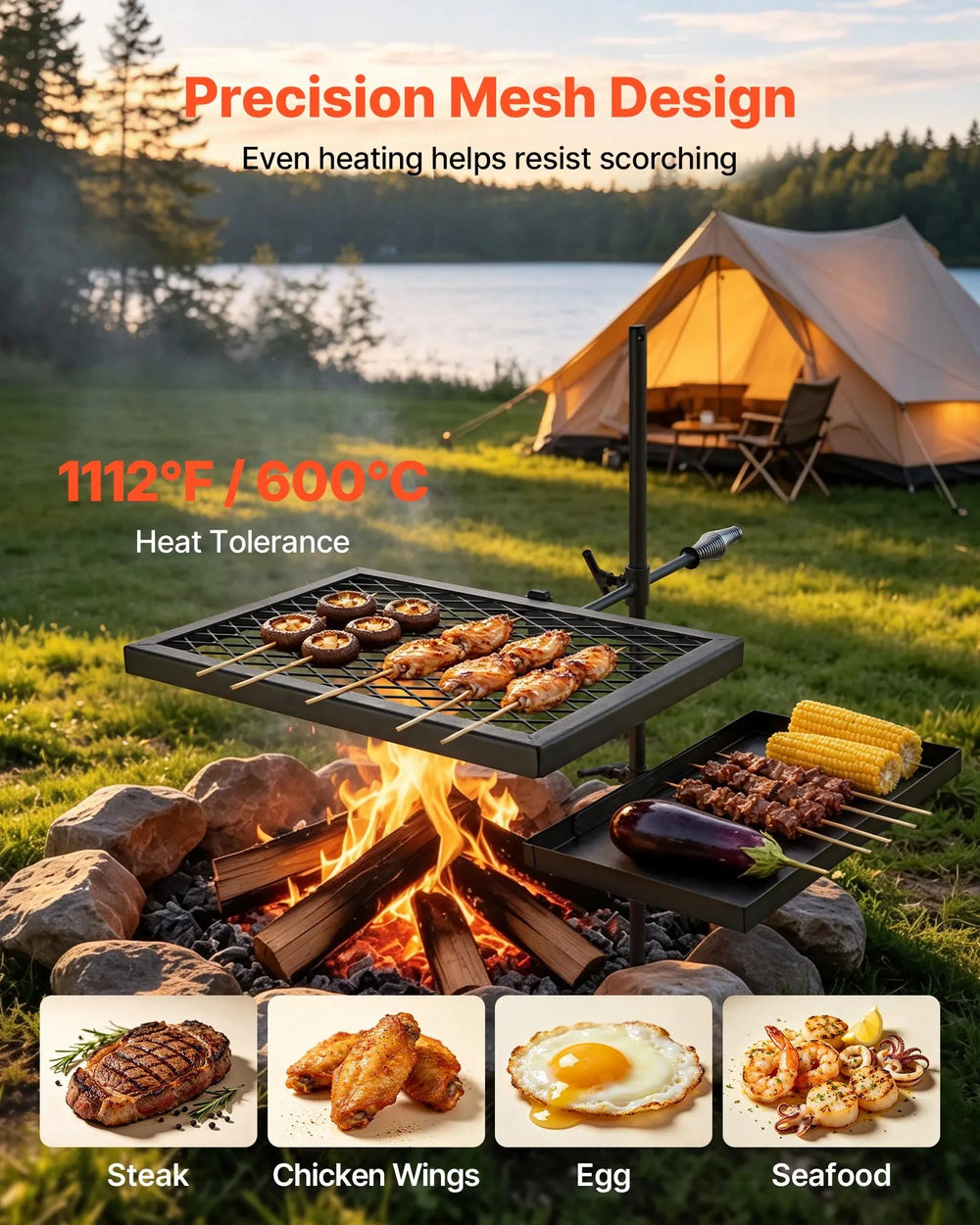 VEVOR Heavy Duty Swivel Campfire Grill, Double Layer Portable Camping Grill Grate & Griddle, Sturdy Steel BBQ Mesh, 360° Height Adjustable Over Fire Pit, for Outdoor Open Flame Cooking, Black