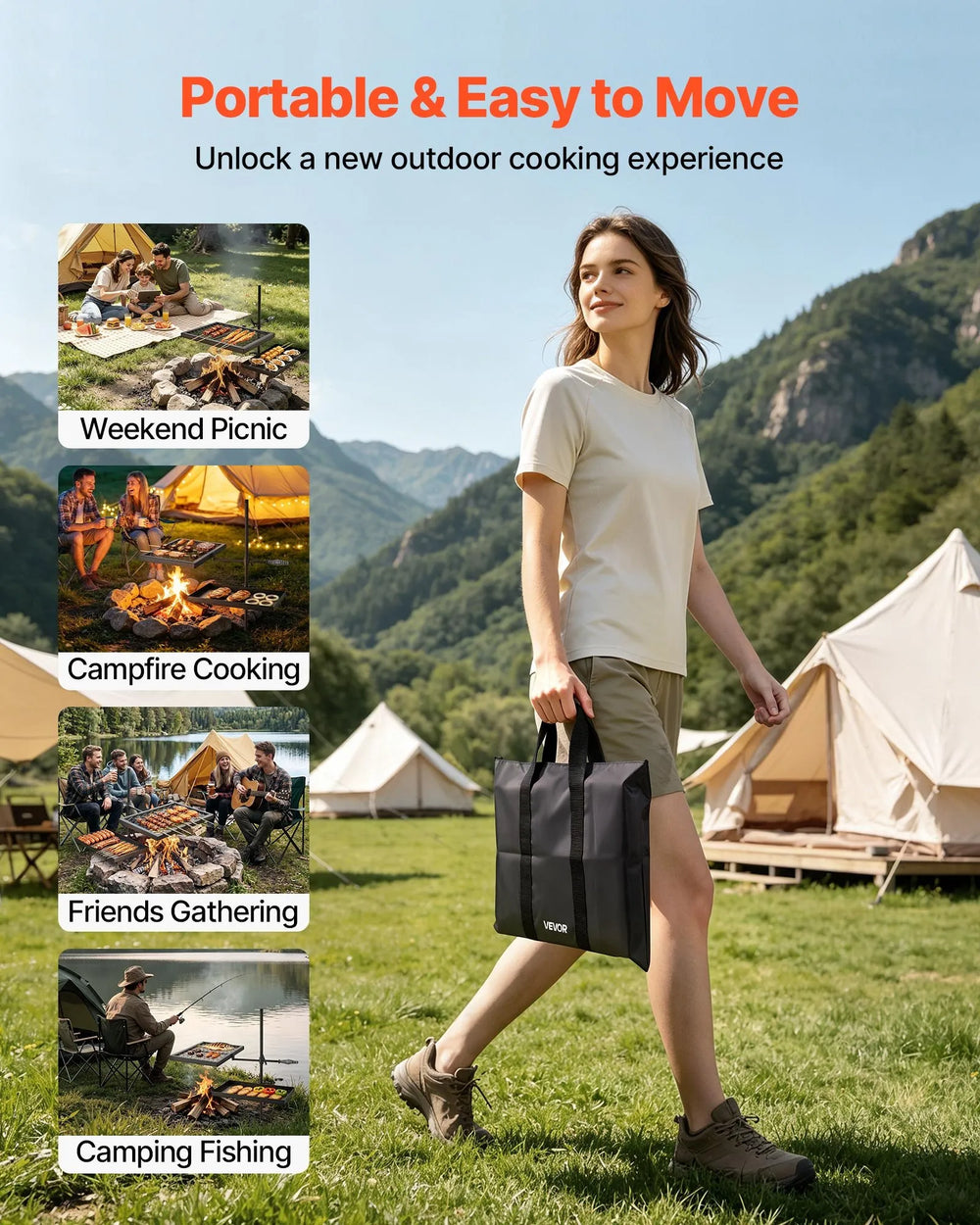 VEVOR Heavy Duty Swivel Campfire Grill, Double Layer Portable Camping Grill Grate & Griddle, Sturdy Steel BBQ Mesh, 360° Height Adjustable Over Fire Pit, for Outdoor Open Flame Cooking, Black