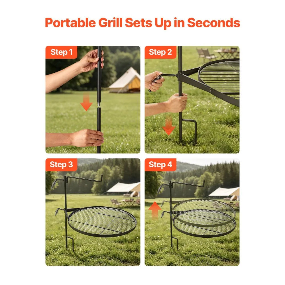 VEVOR Heavy Duty Swivel Campfire Grill, 24.4" Round Portable Camping Grill Grate, Sturdy Steel BBQ Mesh, 360° Height Adjustable Over Fire Pit with Support Rod, for Outdoor Open Flame Cooking, Black
