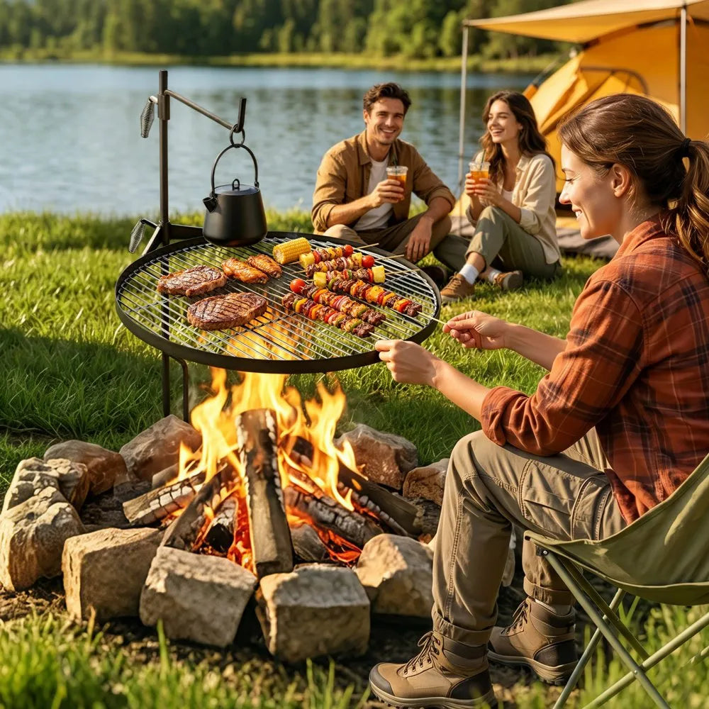 VEVOR Heavy Duty Swivel Campfire Grill, 24.4" Round Portable Camping Grill Grate, Sturdy Steel BBQ Mesh, 360° Height Adjustable Over Fire Pit with Support Rod, for Outdoor Open Flame Cooking, Black
