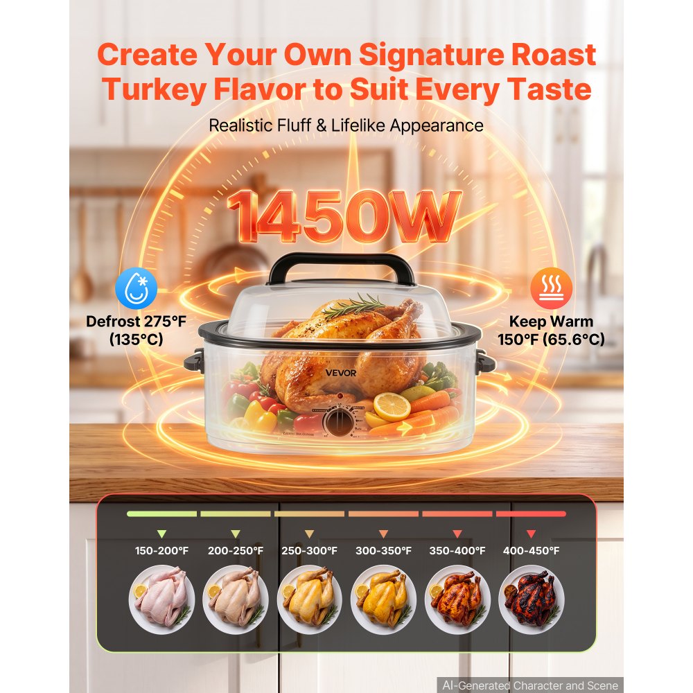 VEVOR Electric Roaster Oven, 22 Qt, Turkey Roasting Pan, White, 1450W Power, Viewing Self-Basting Lid, 150-450°F Heat Control, Countertop Turkey Cooker with Defrost/Warm, Removable Pan and Rack