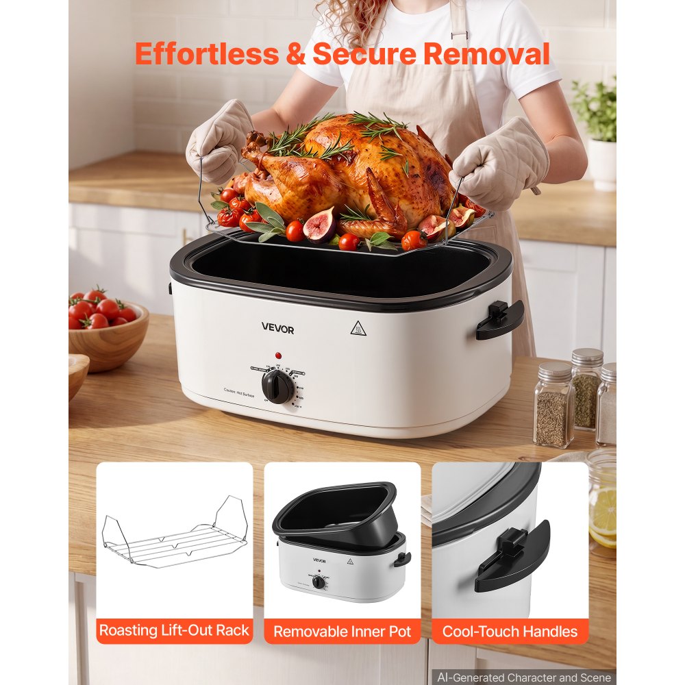 VEVOR Electric Roaster Oven, 22 Qt, Turkey Roasting Pan, White, 1450W Power, Viewing Self-Basting Lid, 150-450°F Heat Control, Countertop Turkey Cooker with Defrost/Warm, Removable Pan and Rack