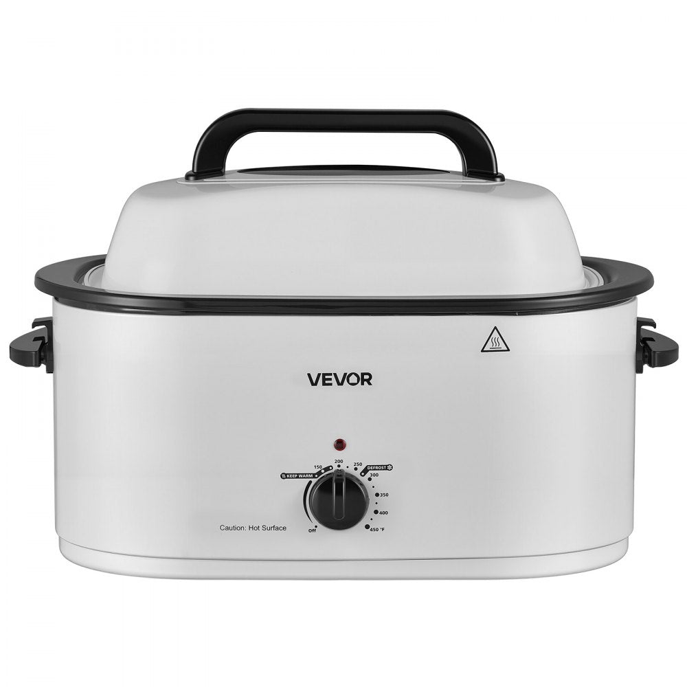 VEVOR Electric Roaster Oven, 26 Qt, Turkey Roasting Pan, White, 1450W Power, Viewing Self-Basting Lid, 150-450°F Heat Control, Countertop Turkey Cooker with Defrost/Warm, Removable Pan and Rack