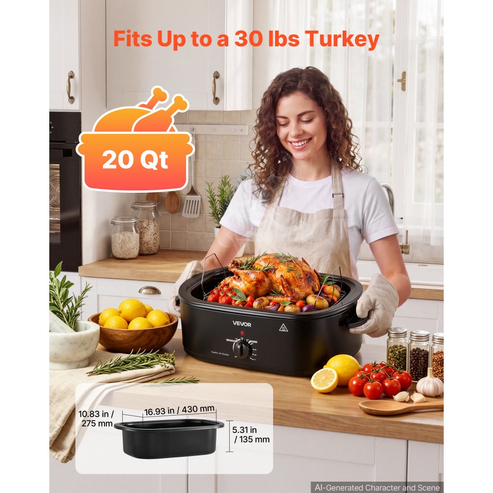 VEVOR Electric Roaster Oven, 20 Qt, Turkey Roasting Pan, Black, 1450W Power, Viewing Self-Basting Lid, 150-450°F Heat Control, Countertop Turkey Cooker with Defrost/Warm, Removable Pan and Rack