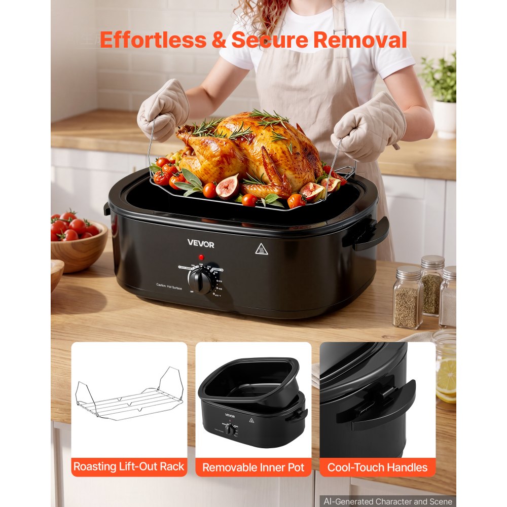 VEVOR Electric Roaster Oven, 20 Qt, Turkey Roasting Pan, Black, 1450W Power, Viewing Self-Basting Lid, 150-450°F Heat Control, Countertop Turkey Cooker with Defrost/Warm, Removable Pan and Rack