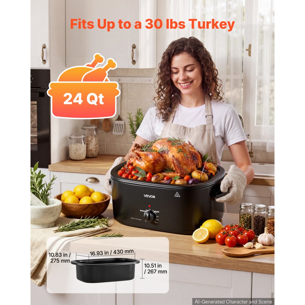 VEVOR Electric Roaster Oven, 24 Qt, Turkey Roasting Pan, Black, 1450W Power, Viewing Self-Basting Lid, 150-450°F Heat Control, Countertop Turkey Cooker with Defrost/Warm, Removable Pan and Rack