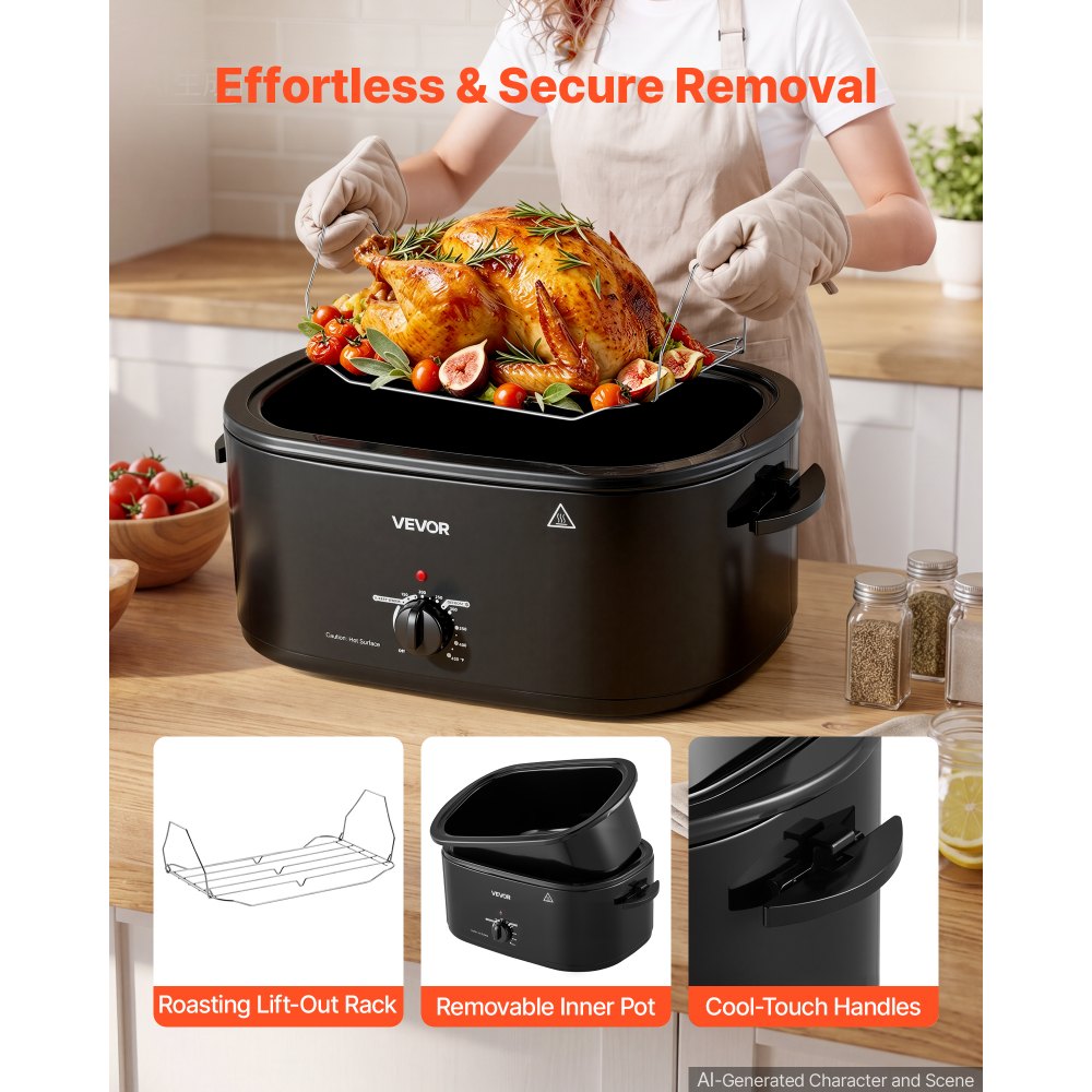 VEVOR Electric Roaster Oven, 24 Qt, Turkey Roasting Pan, Black, 1450W Power, Viewing Self-Basting Lid, 150-450°F Heat Control, Countertop Turkey Cooker with Defrost/Warm, Removable Pan and Rack