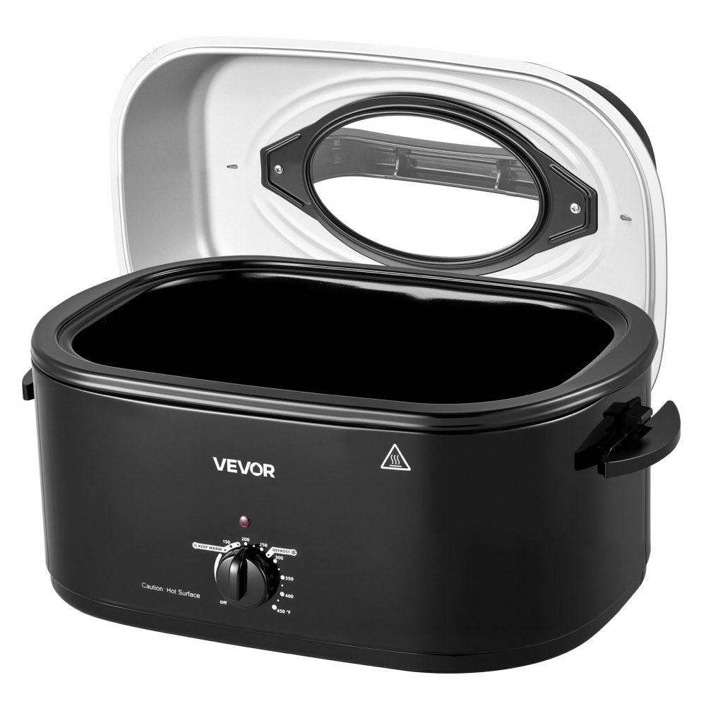 VEVOR Electric Roaster Oven, 24 Qt, Turkey Roasting Pan, Black, 1450W Power, Viewing Self-Basting Lid, 150-450°F Heat Control, Countertop Turkey Cooker with Defrost/Warm, Removable Pan and Rack