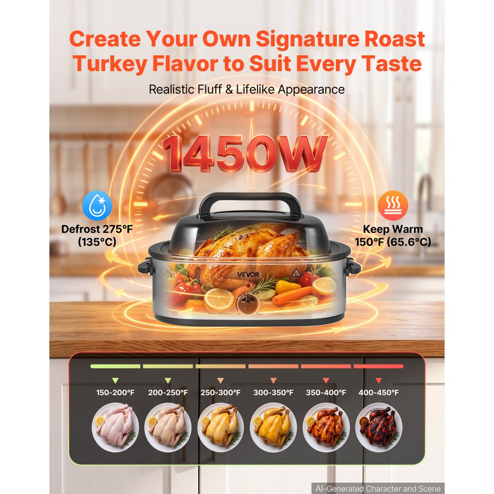 VEVOR Electric Roaster Oven, 18 Qt 1450W, Turkey Roasting Pan, Viewing Self-Basting Lid, 150-450°F Adjustable Heat, Countertop Turkey Cooker with Defrost and Warm Functions, Removable Pan and Rack