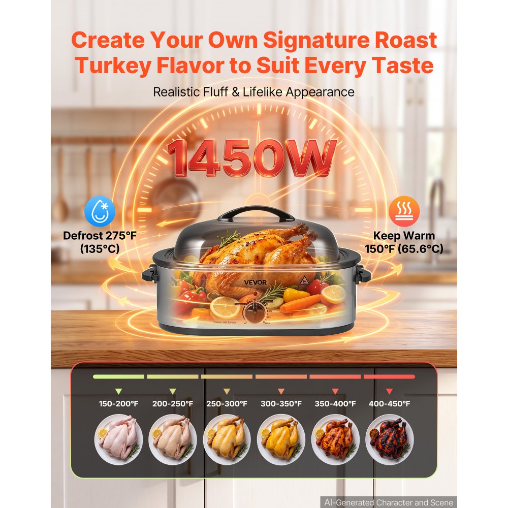 VEVOR Electric Roaster Oven, 20 Qt 1450W, Turkey Roasting Pan, Metal Self-Basting Lid, 150-450°F Adjustable Heat, Countertop Turkey Cooker with Defrost and Warm Functions, Removable Pan and Rack