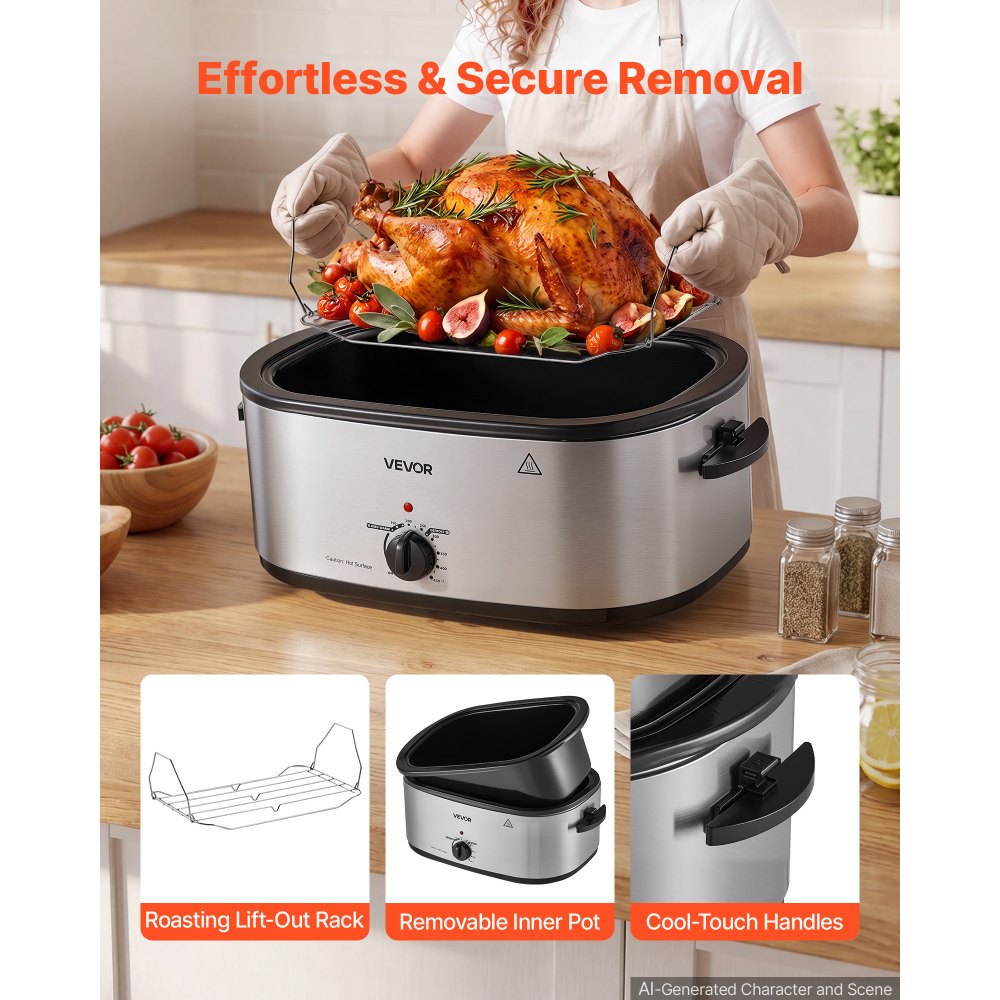 VEVOR Electric Roaster Oven, 22 Qt 1450W, Turkey Roasting Pan, Viewing Self-Basting Lid, 150-450°F Adjustable Heat, Countertop Turkey Cooker with Defrost and Warm Functions, Removable Pan and Rack