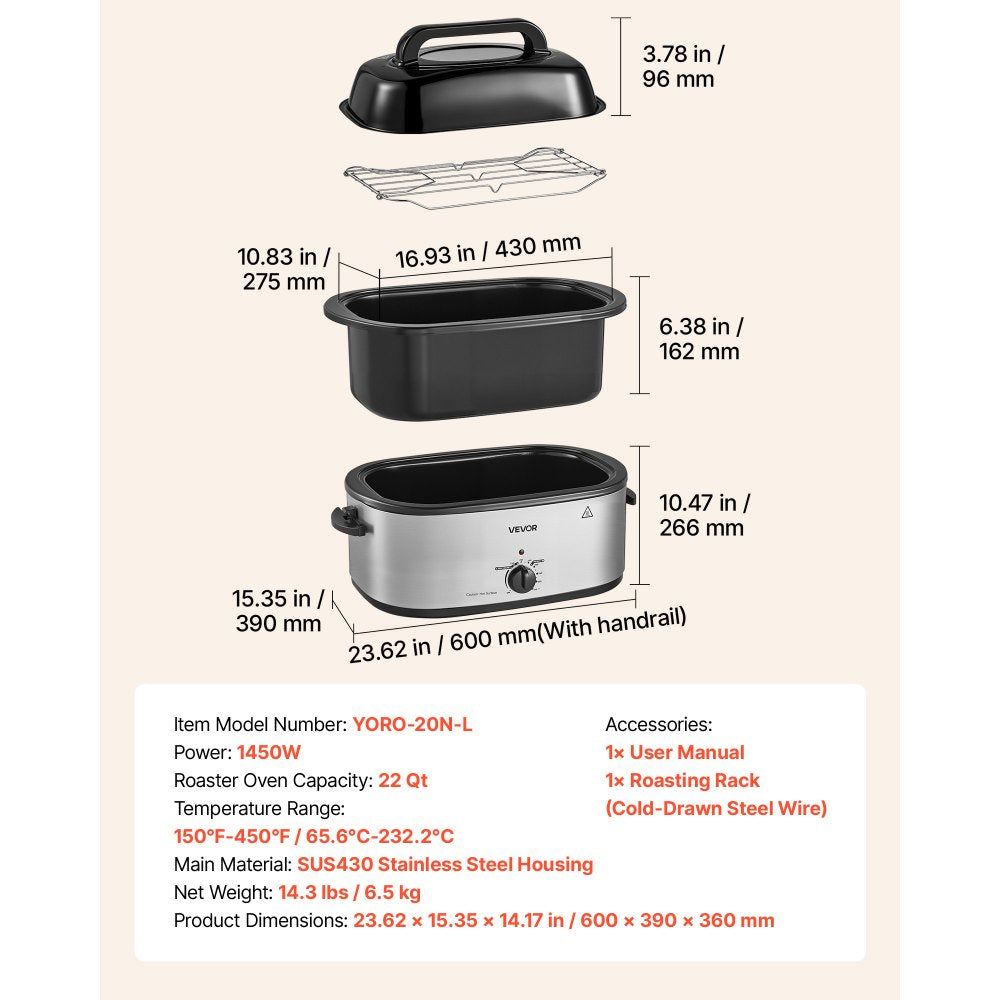 VEVOR Electric Roaster Oven, 22 Qt 1450W, Turkey Roasting Pan, Viewing Self-Basting Lid, 150-450°F Adjustable Heat, Countertop Turkey Cooker with Defrost and Warm Functions, Removable Pan and Rack