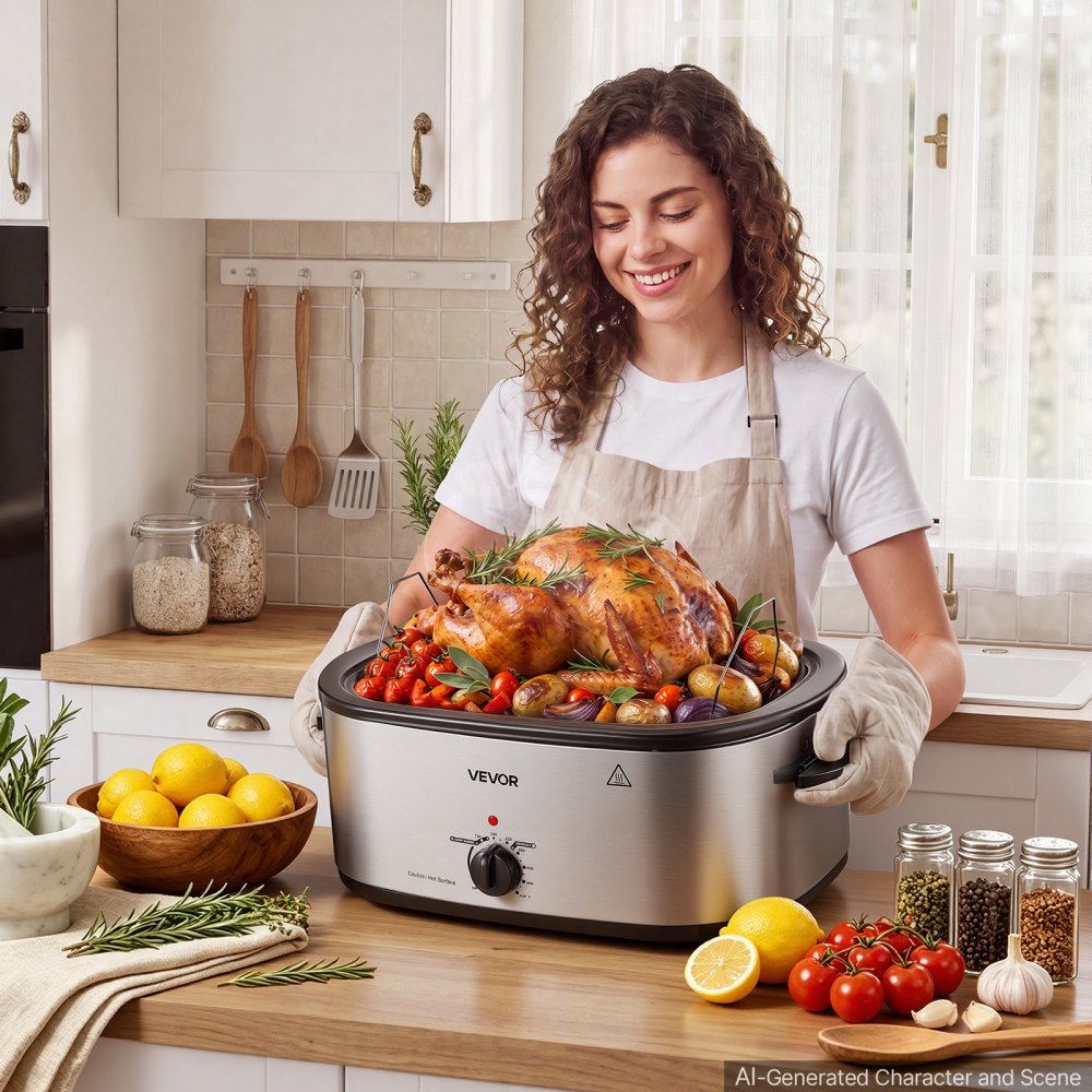VEVOR Electric Roaster Oven, 22 Qt 1450W, Turkey Roasting Pan, Metal Self-Basting Lid, 150-450°F Adjustable Heat, Countertop Turkey Cooker with Defrost and Warm Functions, Removable Pan and Rack