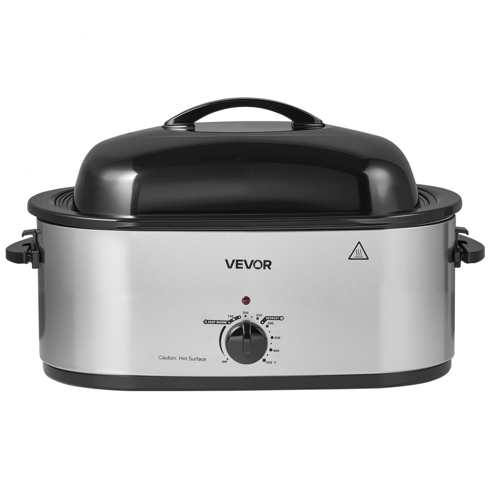 VEVOR Electric Roaster Oven, 22 Qt 1450W, Turkey Roasting Pan, Metal Self-Basting Lid, 150-450°F Adjustable Heat, Countertop Turkey Cooker with Defrost and Warm Functions, Removable Pan and Rack