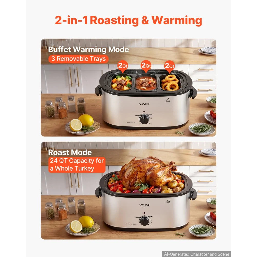 VEVOR Electric Roaster Oven, 24 Qt 1450W, Turkey Roasting Pan, 3 Food Trays, Buffet Server, Self-Basting Lid, 150-450°F Heat Control, Countertop Turkey Cooker with Roasting, Warming and Removable Rack